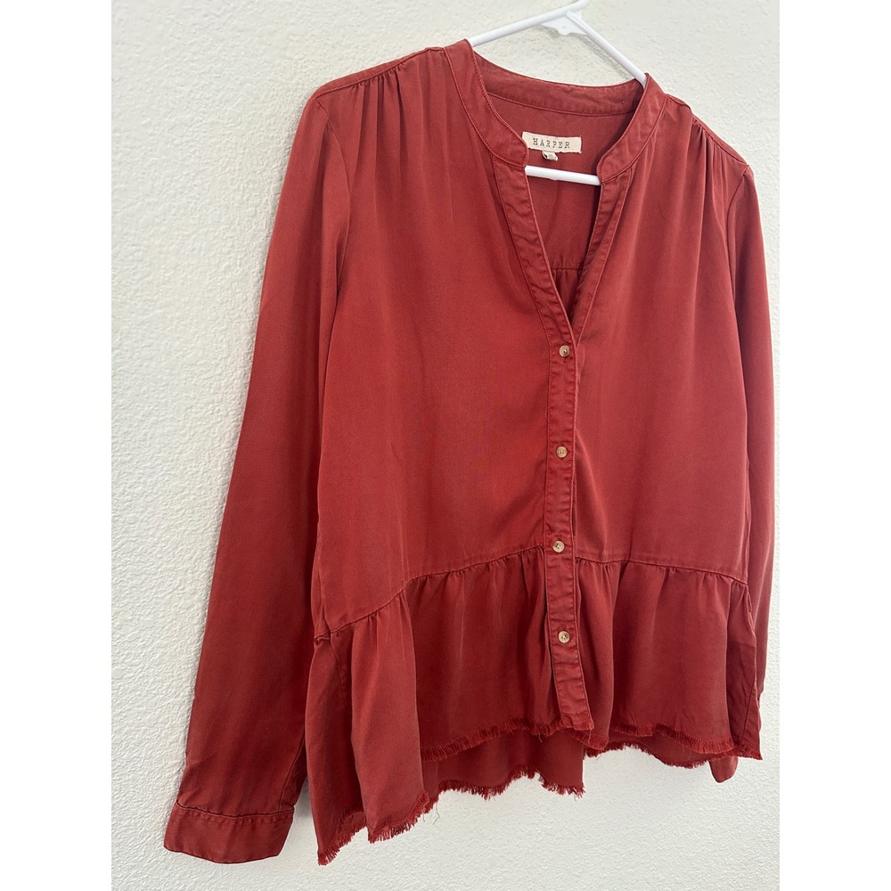 Harper Peplum Blouse Women Medium Rust Red Long Sleeve Raw Hem Lyocell Boho - Picture 3 of 9
